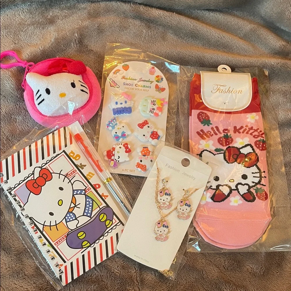 Hello Kitty Pink Kids Accessory Set jewelry socks croc charms notebook more nwt